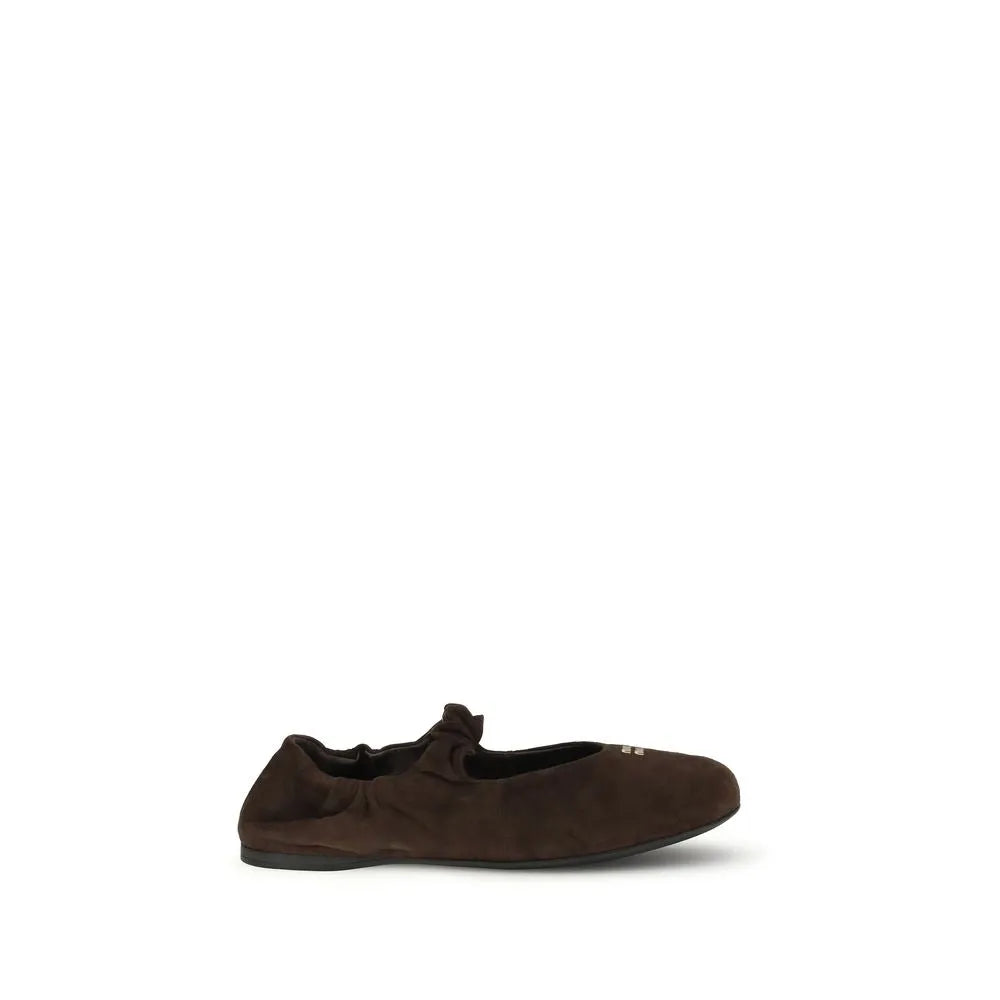Miu Miu dark brown suede calf leather ballet flat with round toe, elasticated opening, and logo on instep.