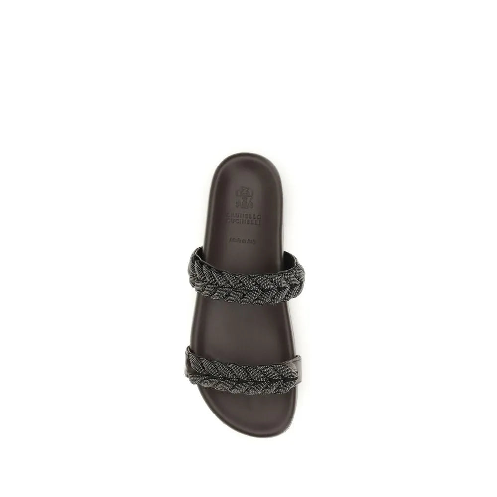 Brunello Cucinelli brown calf leather flat sandals with two dark braided metallic straps.