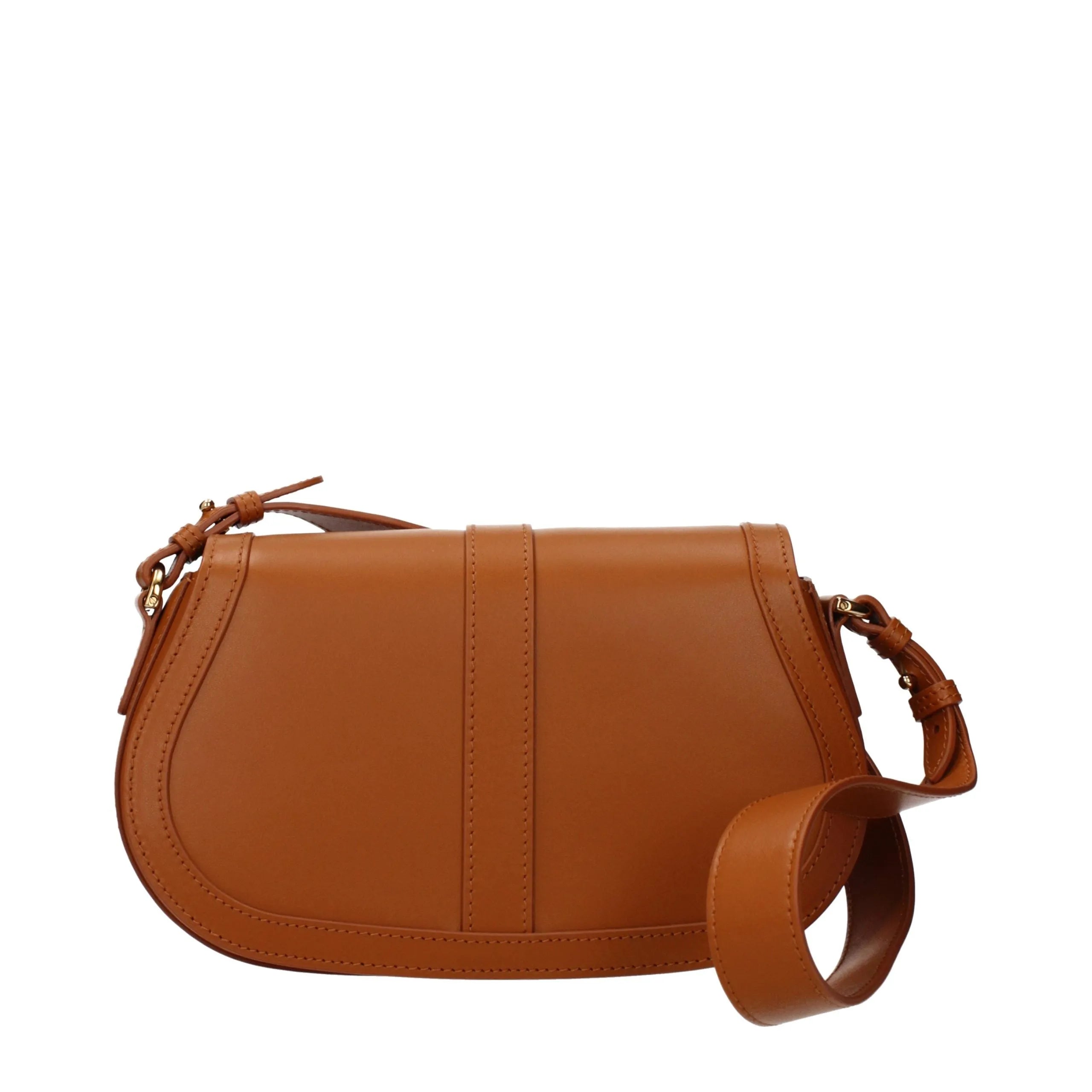 Brown leather Versace shoulder bag with a curved flap closure, central strap detail, and adjustable handle.