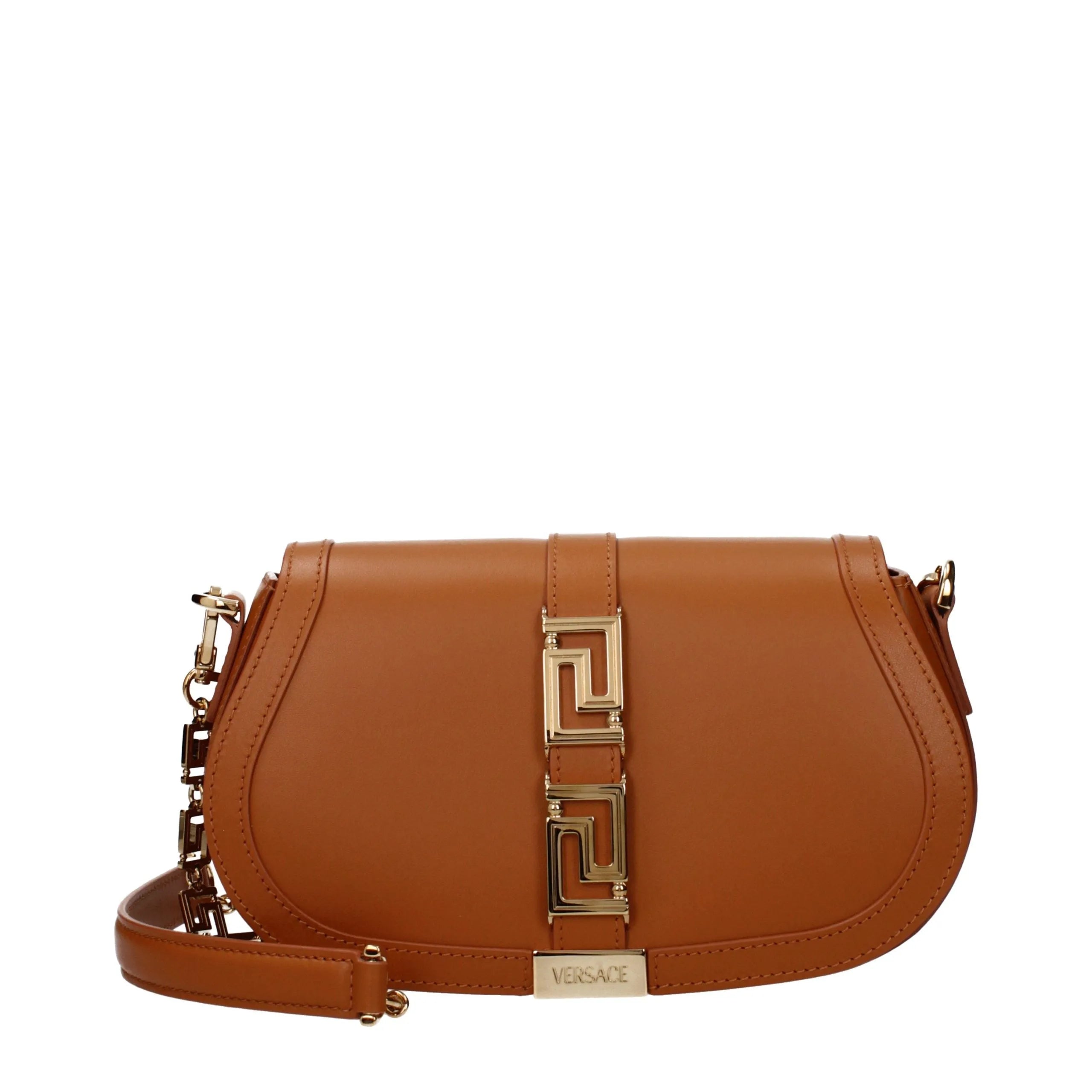 Versace brown leather saddle shoulder bag with gold Greek key logo buckle and adjustable strap.