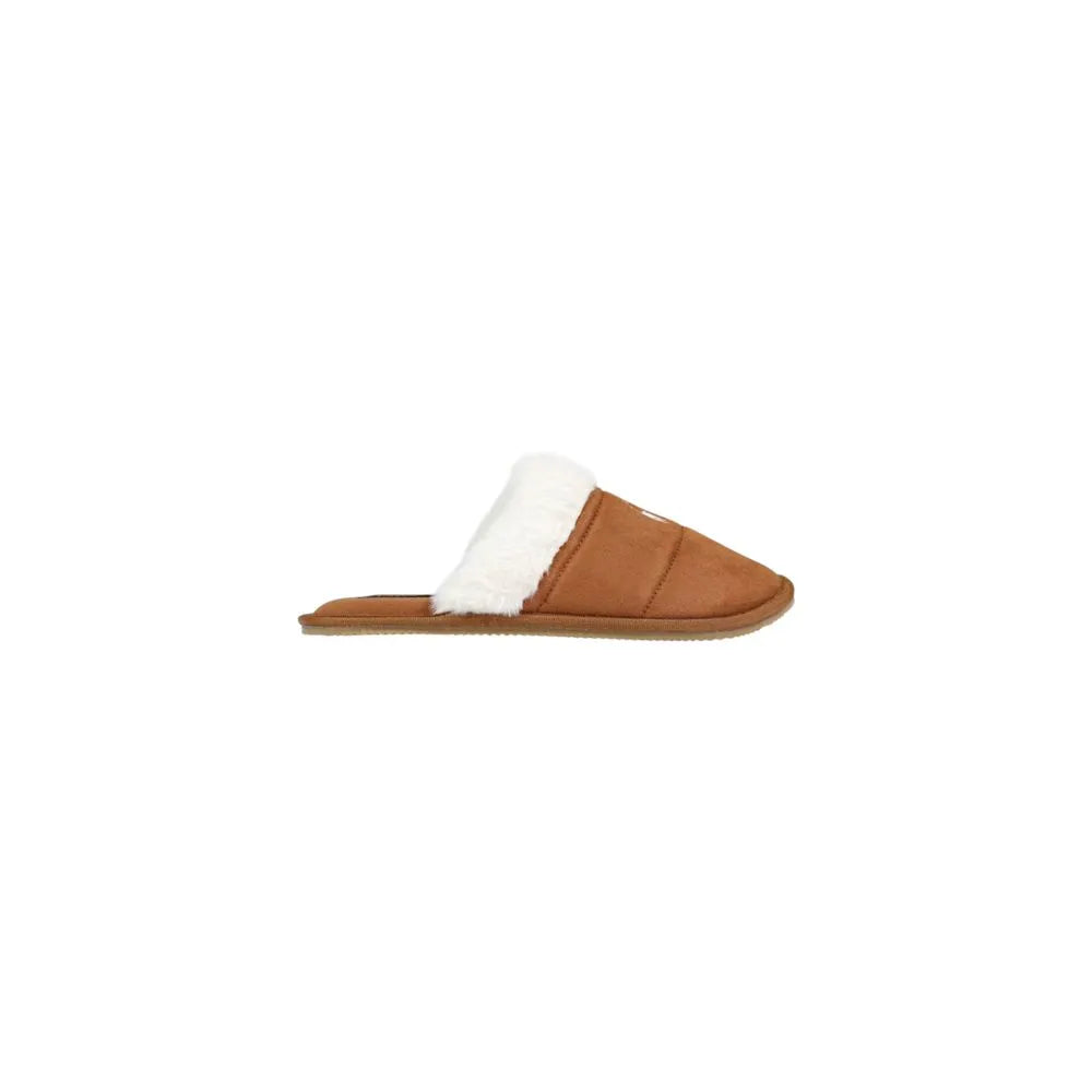 Soft brown textile women's slip-on slipper with white plush lining and embroidered Ralph Lauren logo.