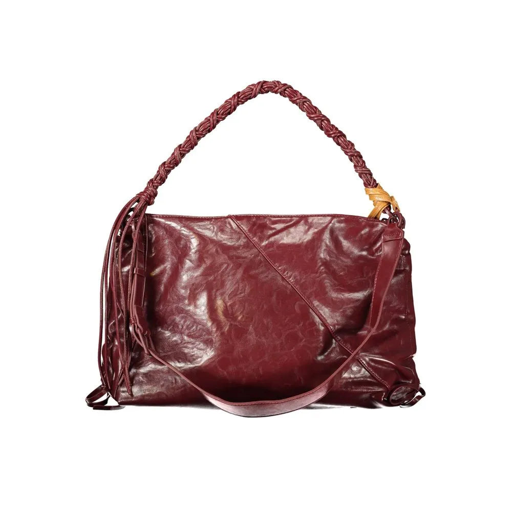 Burgundy polyurethane women's handbag with braided top handle, adjustable strap, and subtle pattern.