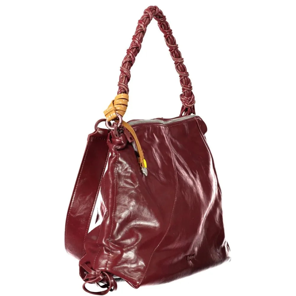 DESIGUAL Leiria burgundy polyurethane handbag with a braided top handle, tan accent, and zip closure.