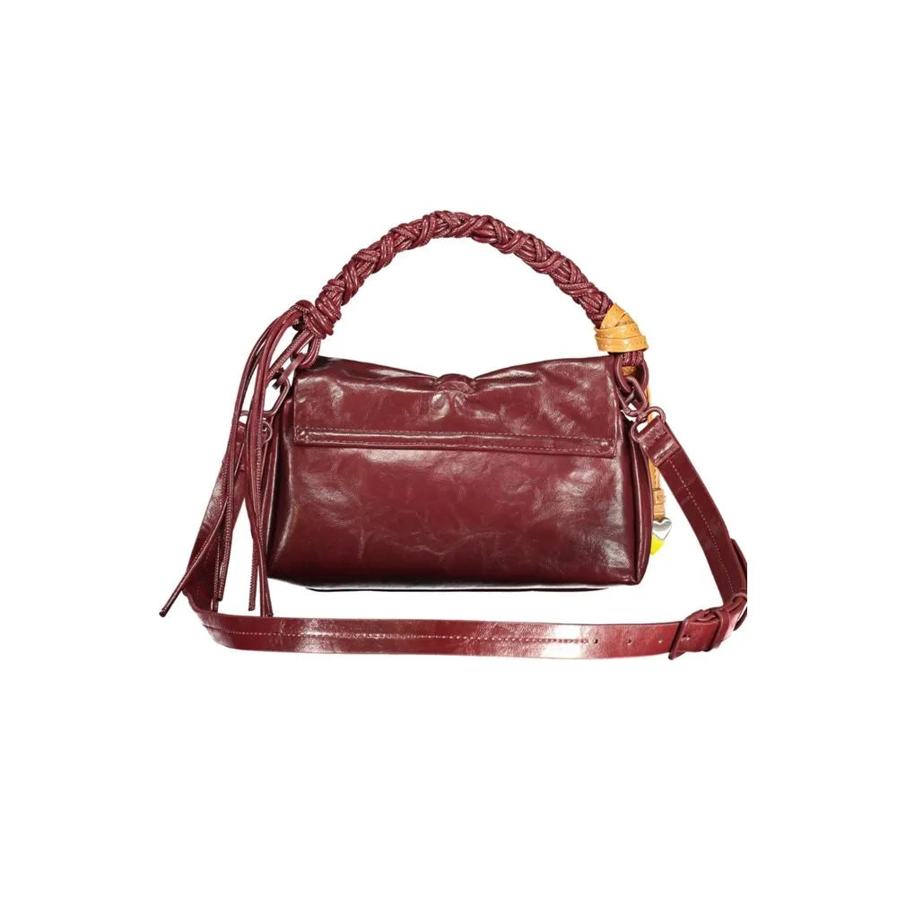 DESIGUAL Rodio Naron mini bag in glossy burgundy polyurethane with a braided top handle and detachable strap.