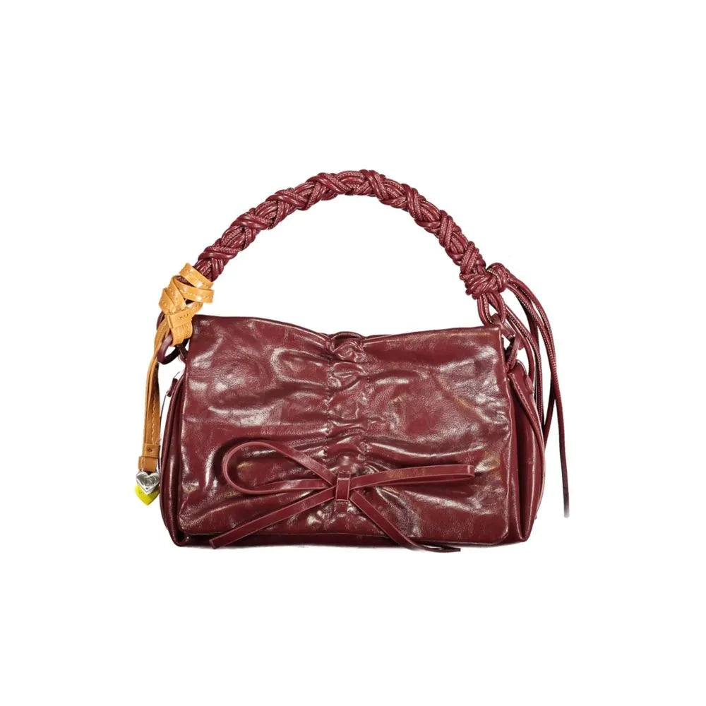 Burgundy polyurethane mini bag with a glossy finish, braided handle, tan accent, and front bow detail.