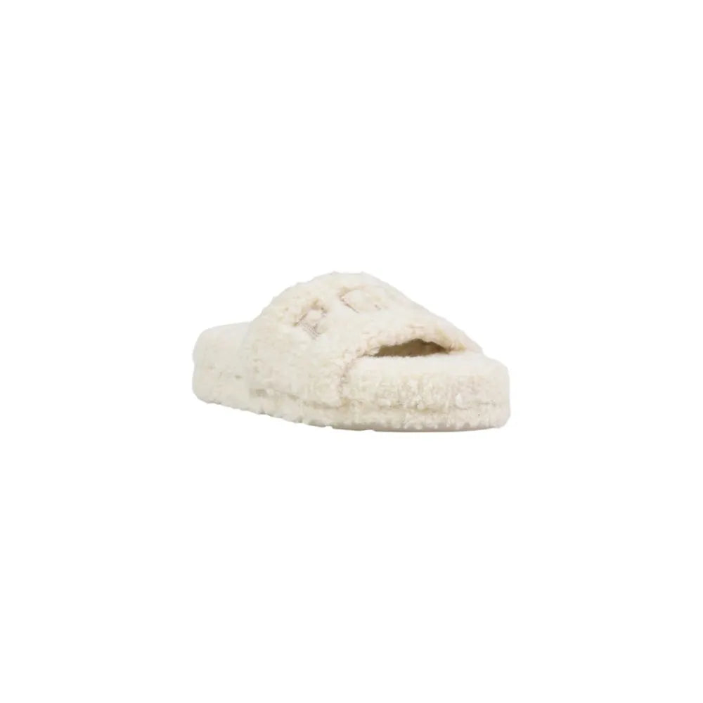 Cream fuzzy textile women's slide slipper with a platform sole and Ralph Lauren logo.