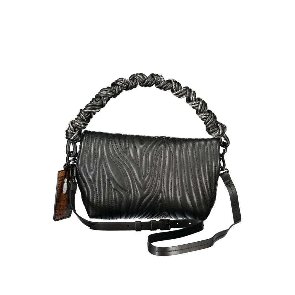 Black DESIGUAL polyurethane women's handbag with wavy texture, braided handle, and shoulder strap.