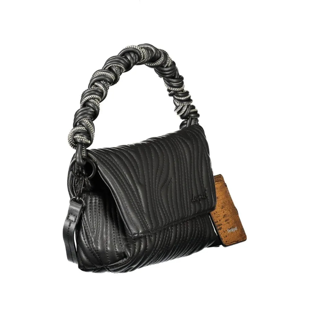 DESIGUAL black polyurethane women's handbag with a wavy textured body and a twisted black and silver handle.