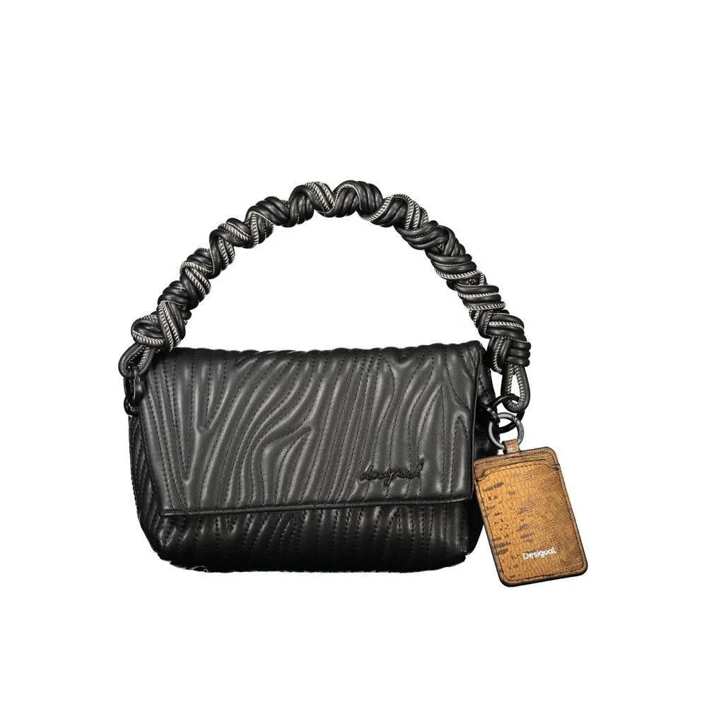 Black polyurethane Desigual handbag with a wavy quilted pattern, braided top handle with silver accents, and logo charm.