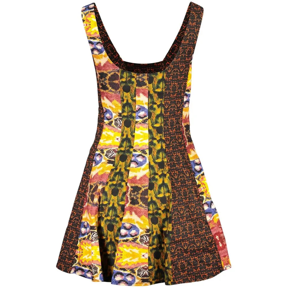 Desigual Giallo cotton blend women's dress with vibrant multi-color abstract pattern, wide straps, and boat neck.