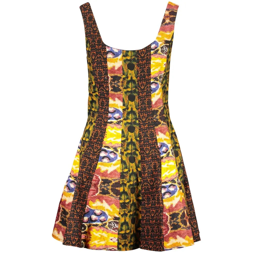 Vibrant Desigual yellow cotton blend short dress with a multi-color abstract pattern, wide straps, and boat neckline.