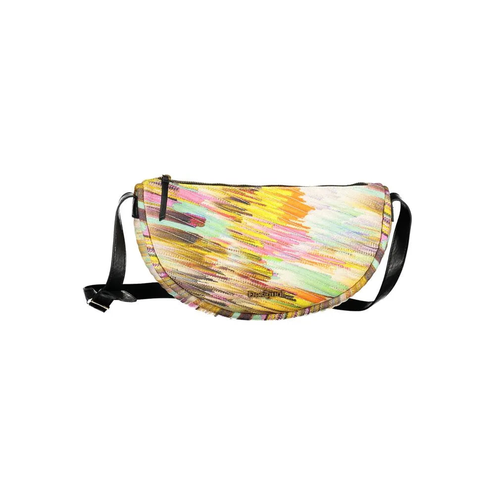 Vibrant Desigual yellow polyester shoulder bag with abstract multi-color pattern, black strap, and zip closure.