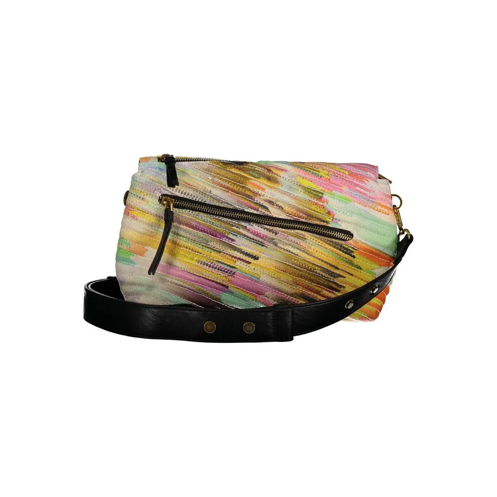 Desigual women's multi-colored bag with vibrant brushstroke pattern, two front zippers, and a black shoulder strap.