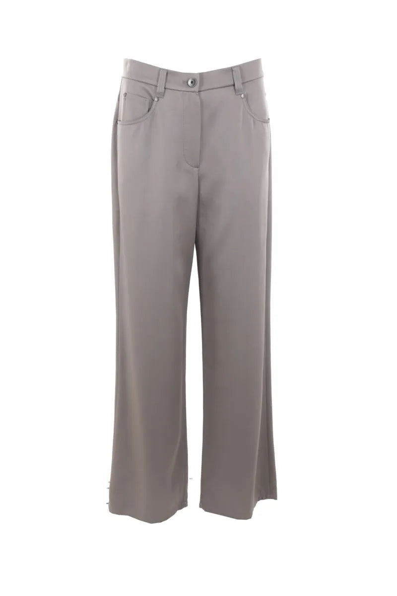 Brunello Cucinelli iron gray acetate blend casual pants with button closure, belt loops, and front pockets.
