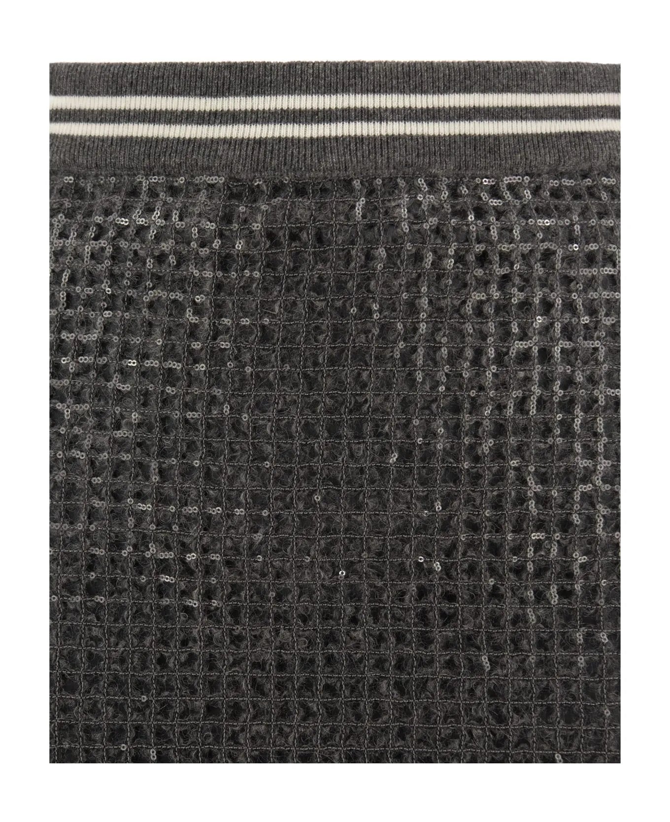 Brunello Cucinelli dark grey acetate-silk long skirt with shimmering grid texture and ribbed striped waistband.