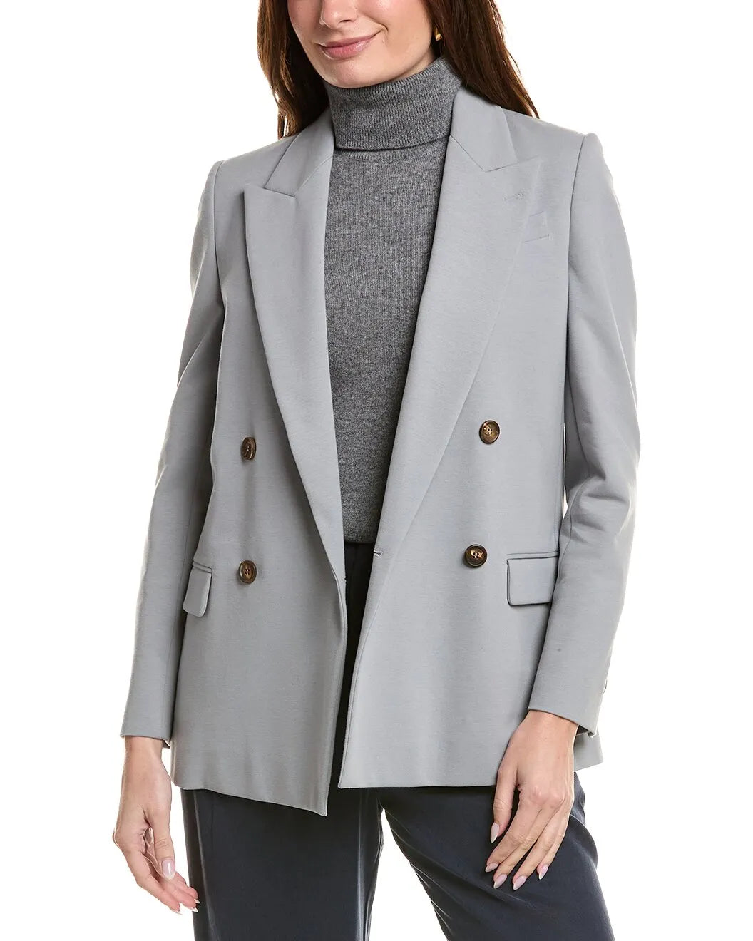 Brunello Cucinelli women's cloudy gray cotton blend deconstructed double-breasted jacket with brown buttons.