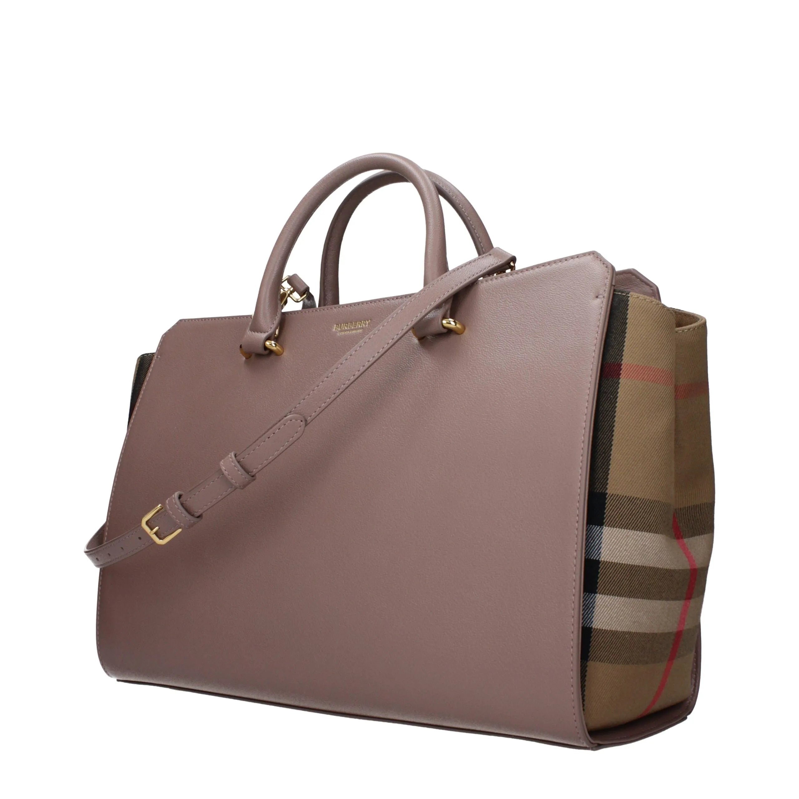 Burberry gray leather handbag featuring top handles, an adjustable shoulder strap, and iconic plaid side panels.