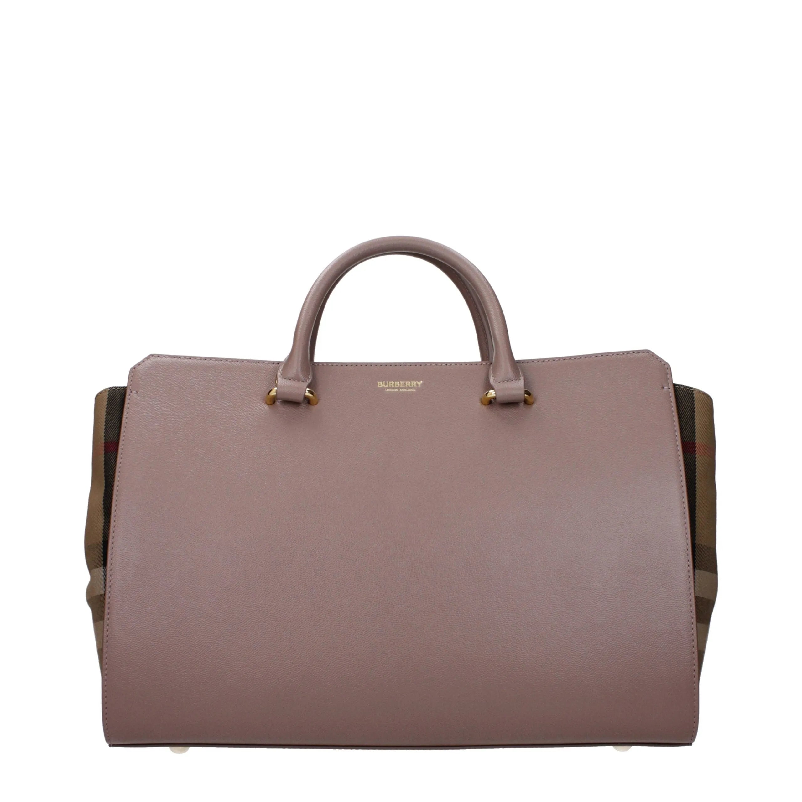 Burberry gray leather top-handle handbag with gold hardware, front logo, and signature plaid side panels.