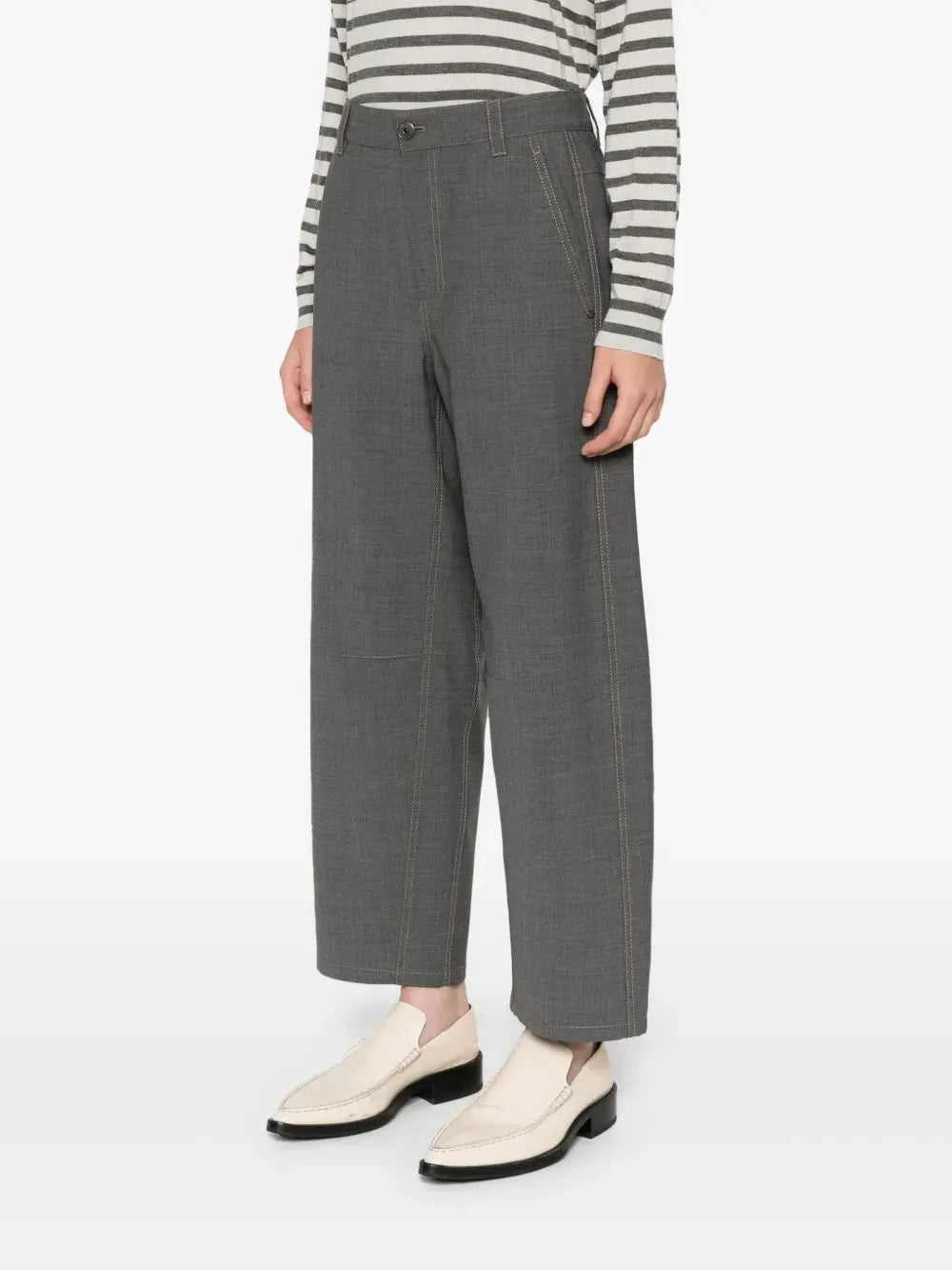 Brunello Cucinelli women's medium grey wool blend wide-leg cropped pants with contrast stitching.
