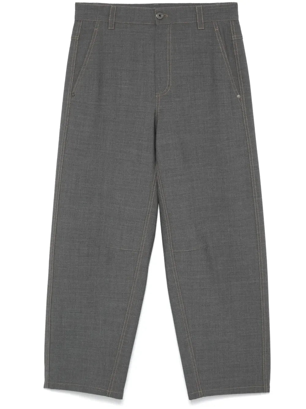 Medium grey wool blend casual women's pants with contrasting light brown stitching, front pockets, and relaxed fit.