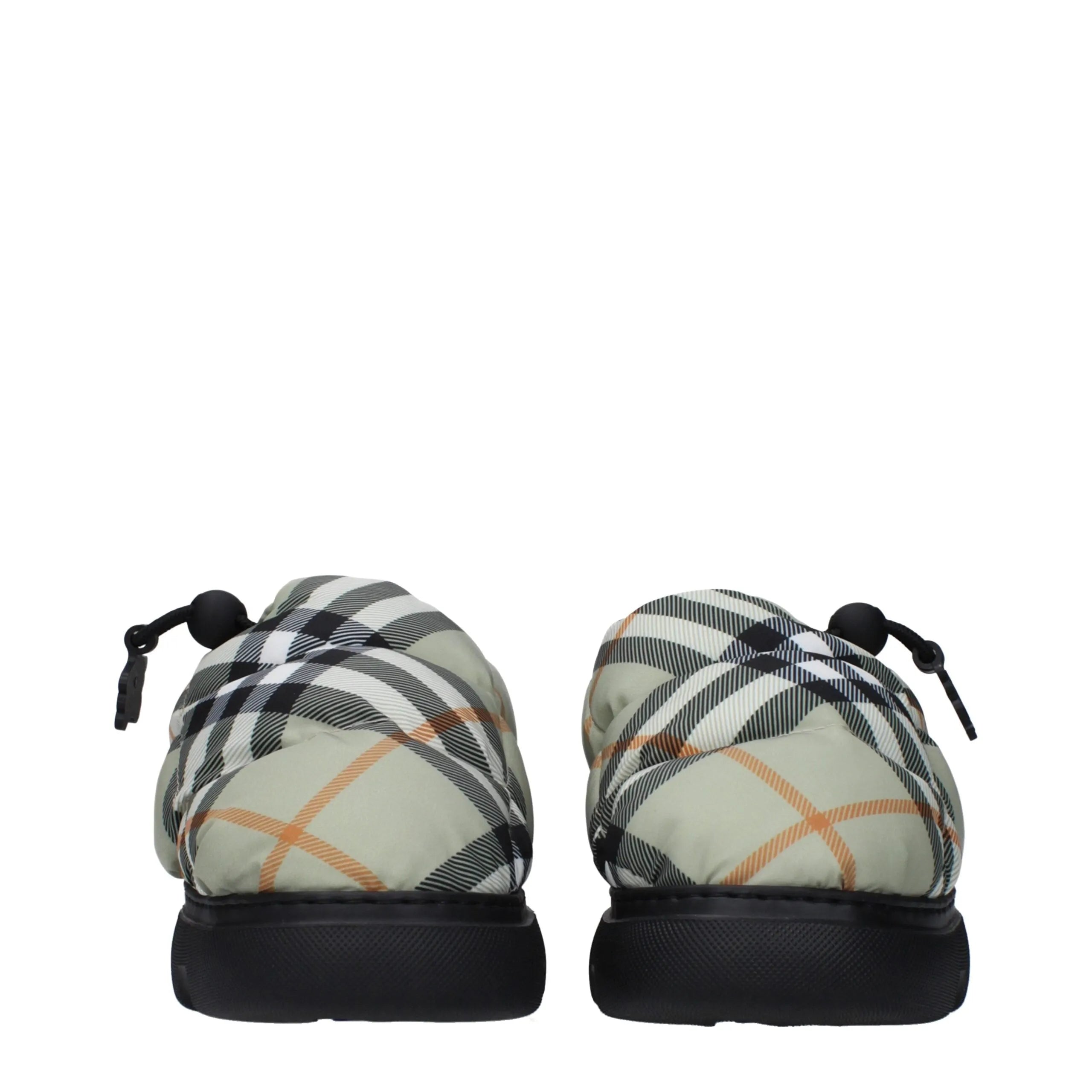 Burberry sage green padded fabric slip-on loafers with check print, drawstring closure, and black rubber soles.