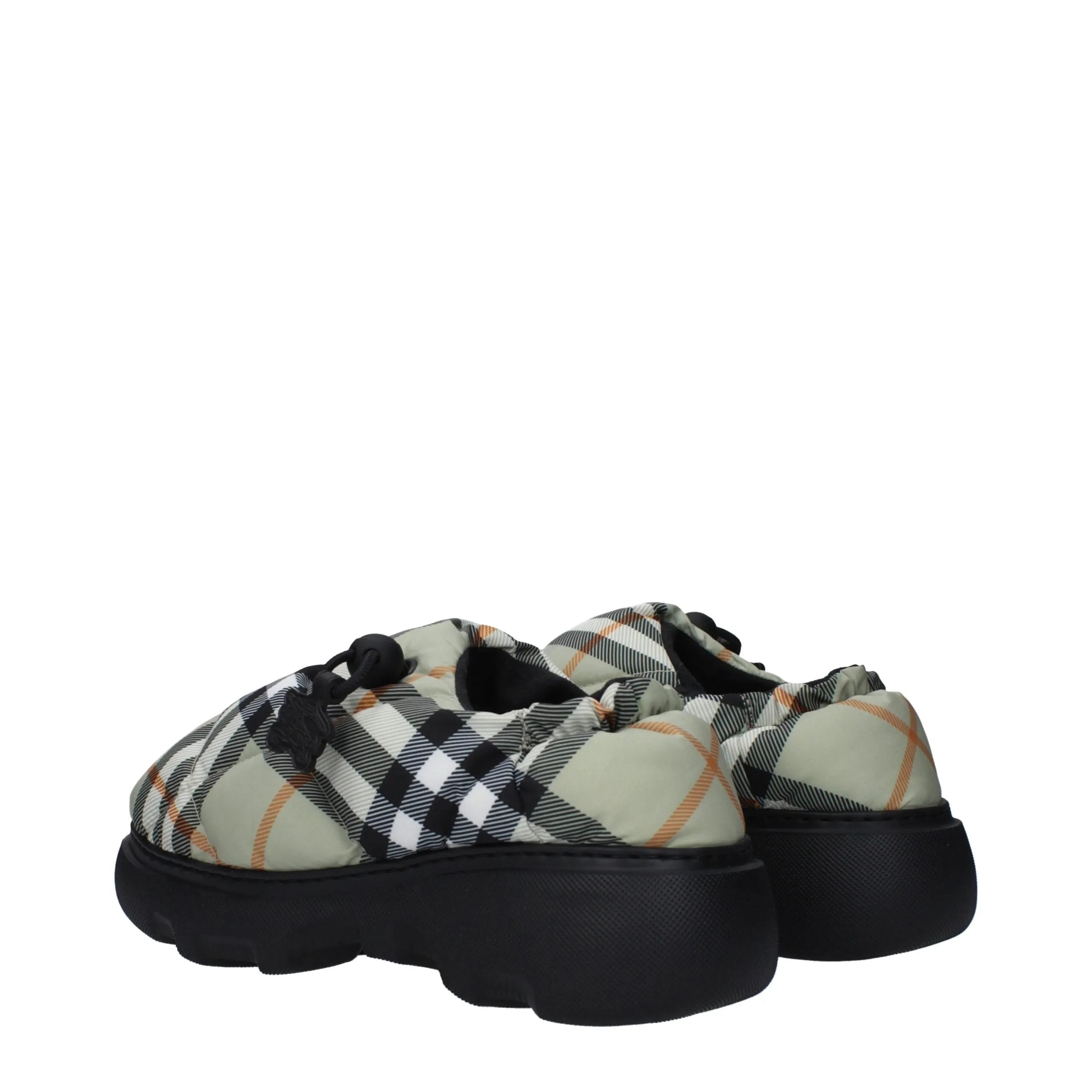 Burberry sage green fabric slip-on loafers with classic check print, drawstring, and black rubber platform soles.