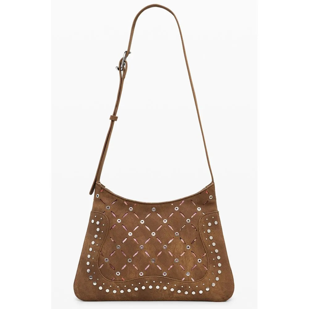 Marrone poliuretano shoulder bag with pink embroidered diamond pattern and silver stud accents. Adjustable strap.