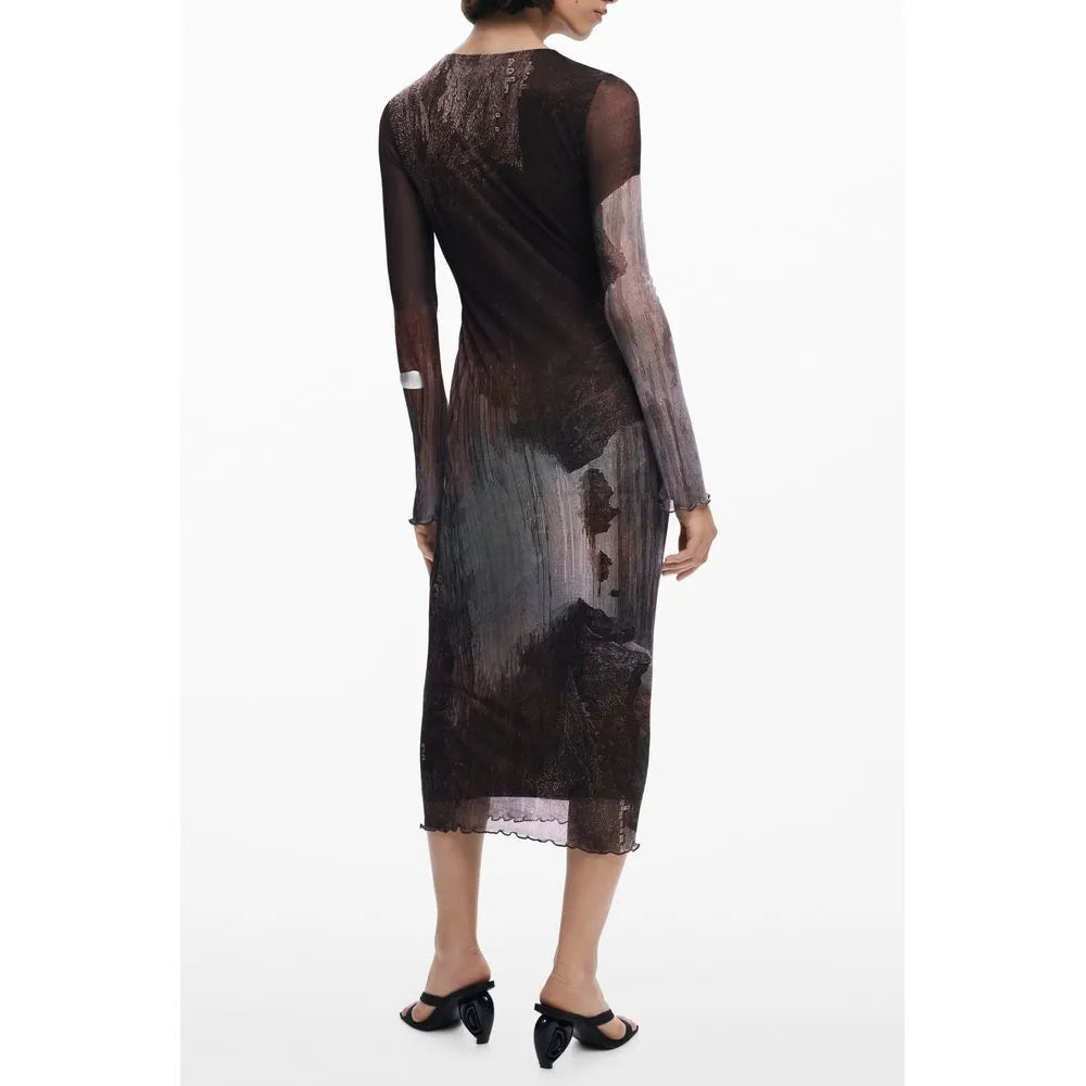 Marrone Desigual polyester long dress featuring an abstract earthy pattern, long sleeves, and ruffled hem.