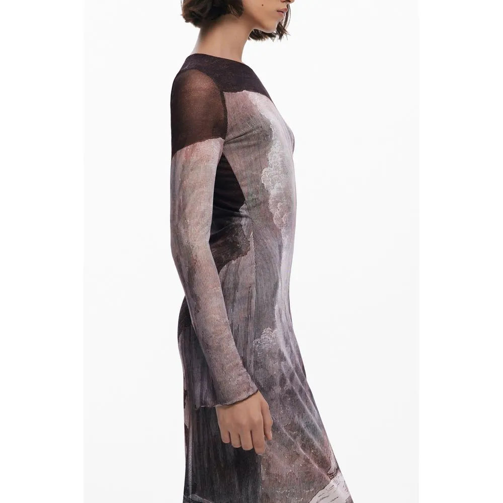 Marrone Desigual long sleeve polyester-elastane dress with abstract earthy print and crew neck.