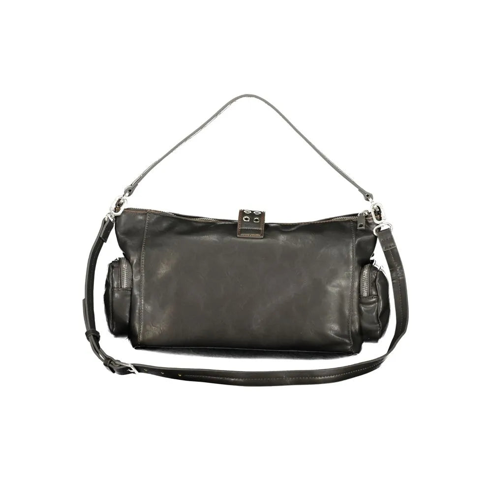 Marrone polyurethane women's tote bag with front zip pockets, adjustable strap, and silver hardware.
