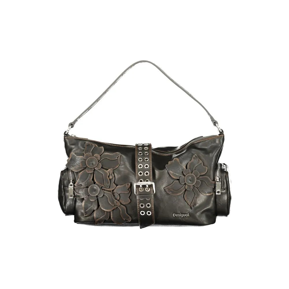 Marrone polyurethane Desigual women's shoulder bag with prominent 3D floral appliques, studded buckle, and side zip pockets.