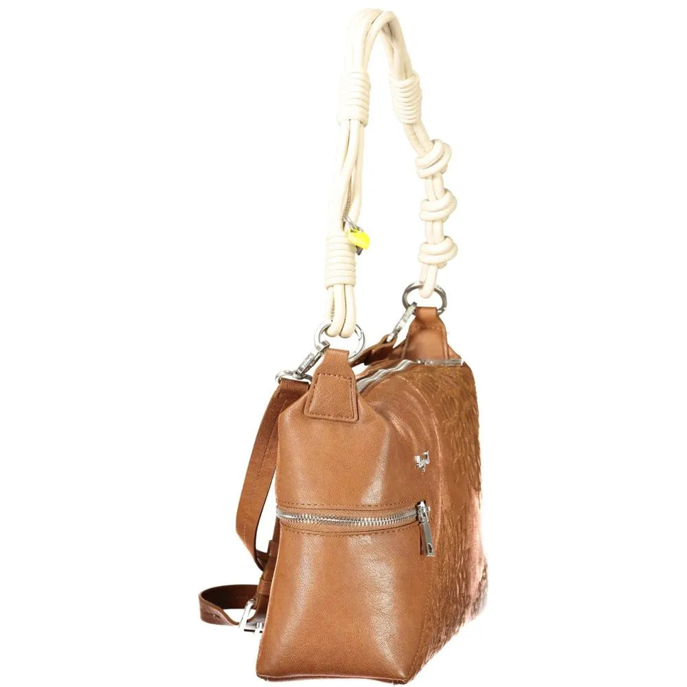 Marrone polyurethane women's shoulder bag with textured finish, knotted cream handle, and silver zip pocket.