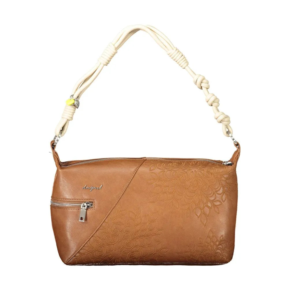 Brown Desigual polyurethane shoulder bag featuring a cream braided handle, front zip pocket, and embossed floral pattern.