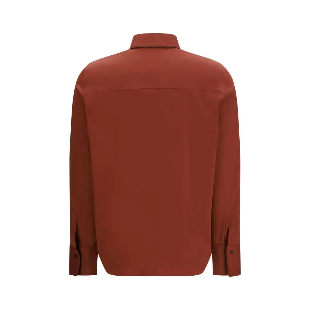 Brunello Cucinelli rust cotton poplin regular fit shirt, back view, with long sleeves and adjustable cuffs.
