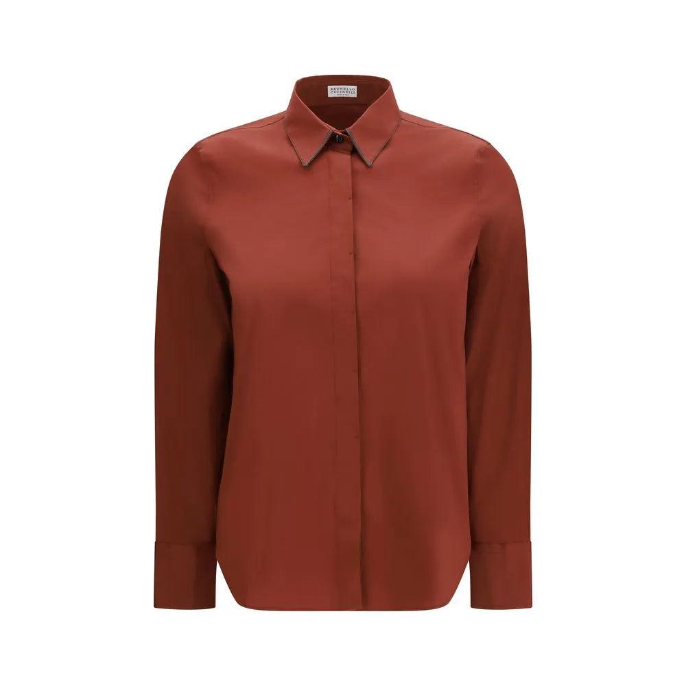 Brunello Cucinelli elegant reddish-brown cotton poplin shirt with jeweled classic collar and adjustable button cuffs.