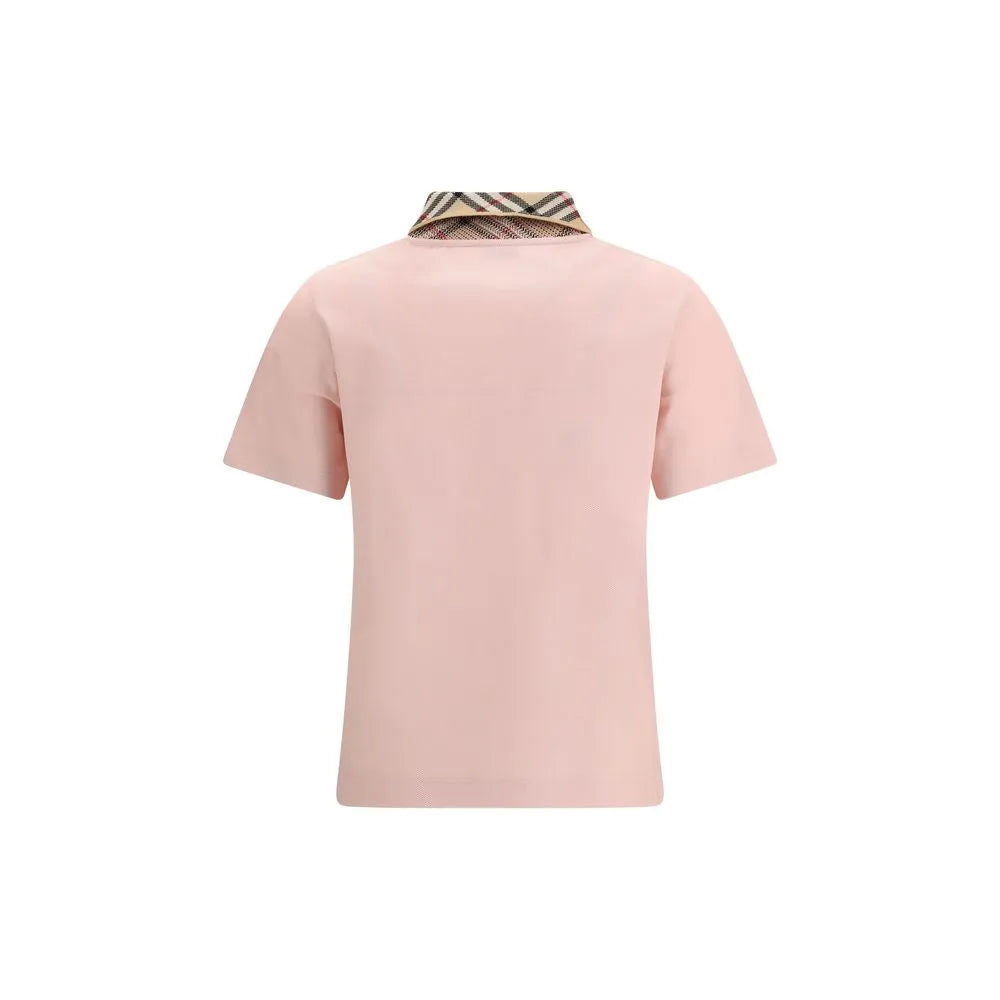 Light pink cotton polo shirt, back view, with a distinctive Burberry Check ribbed collar.
