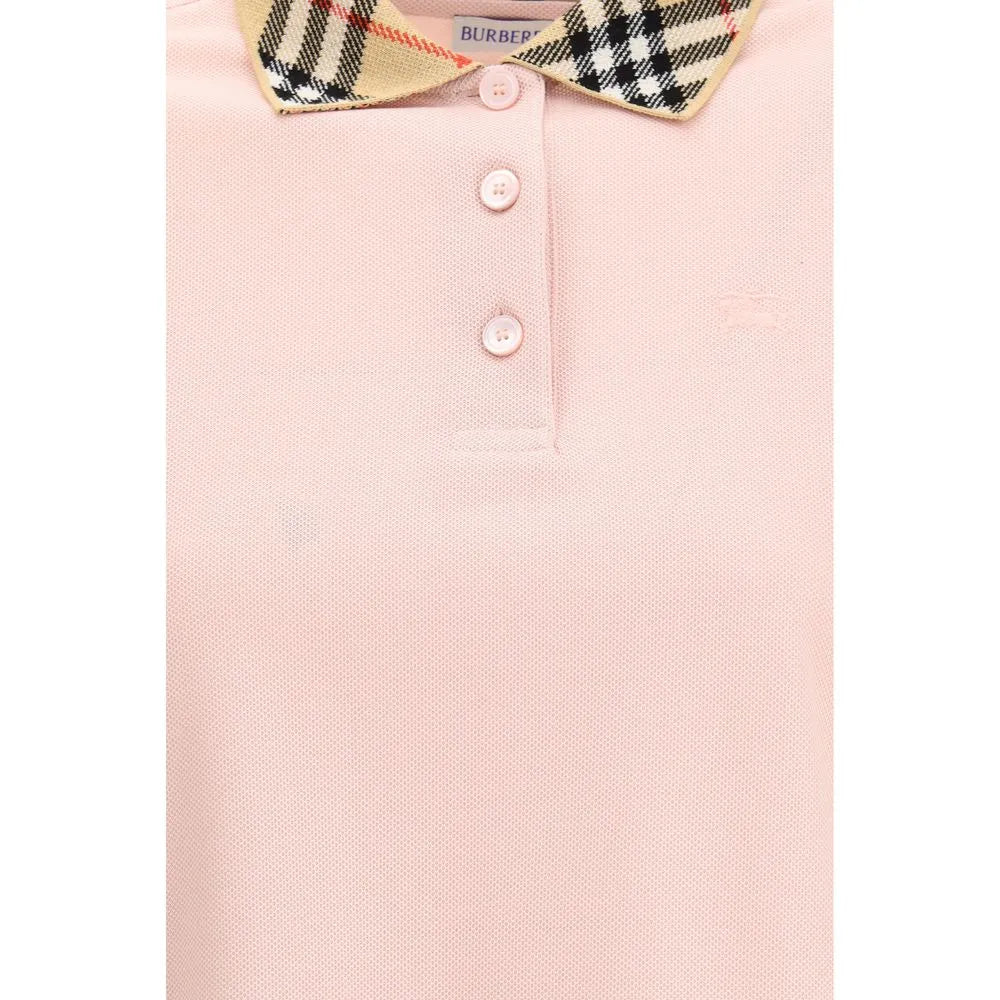 Burberry pink cotton polo shirt featuring a ribbed collar with iconic check motif and button placket.