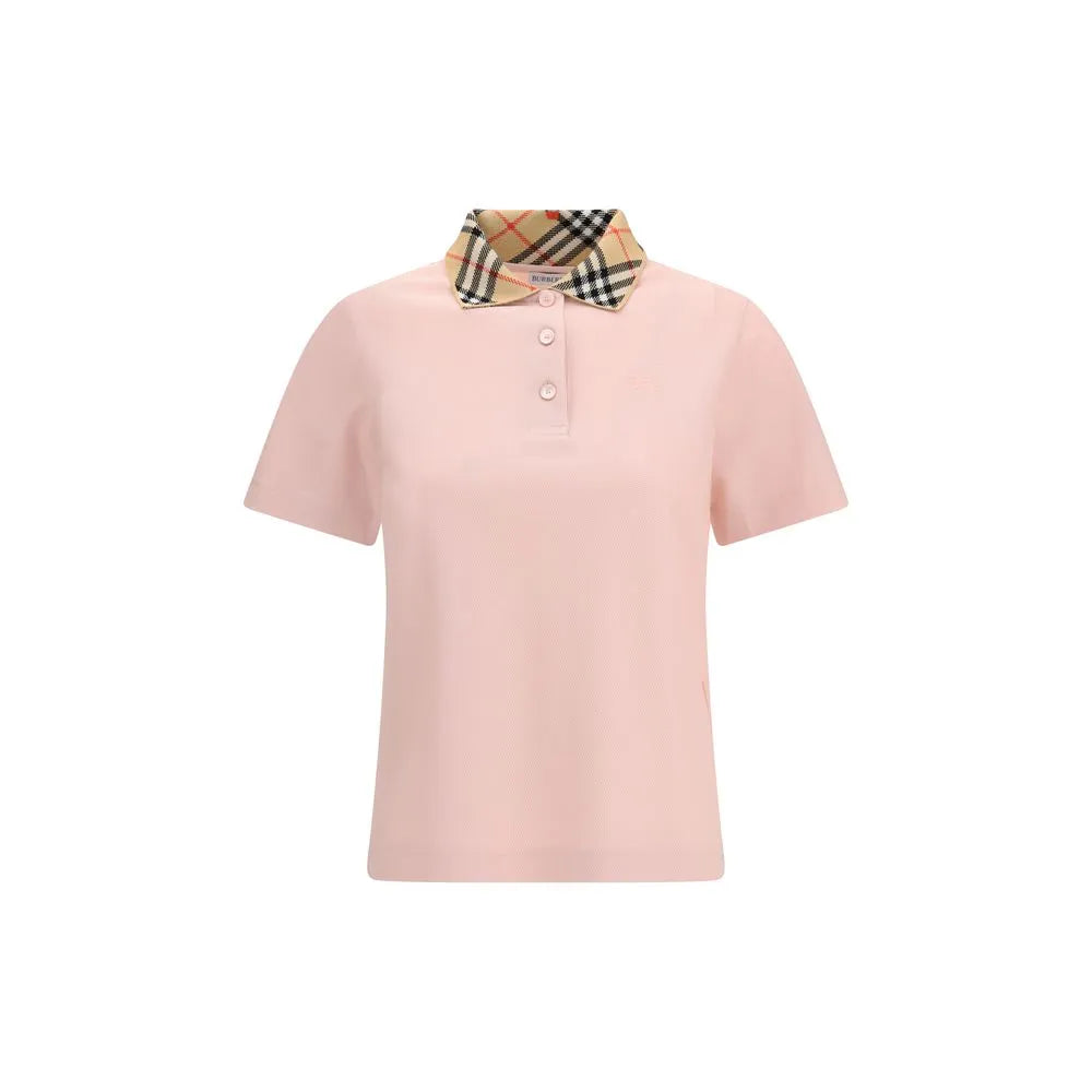 Pink Burberry cotton polo shirt with signature check collar, button placket, and tonal EKD logo.