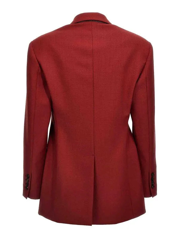 Brunello Cucinelli women's red virgin wool tailored jacket, back view with vent and cuff buttons.