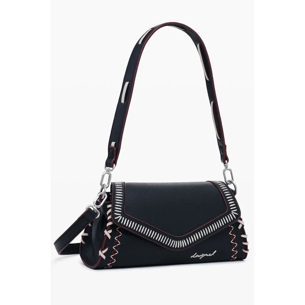 Black Desigual polyurethane shoulder bag with white and red contrast stitching, flap closure, and logo.