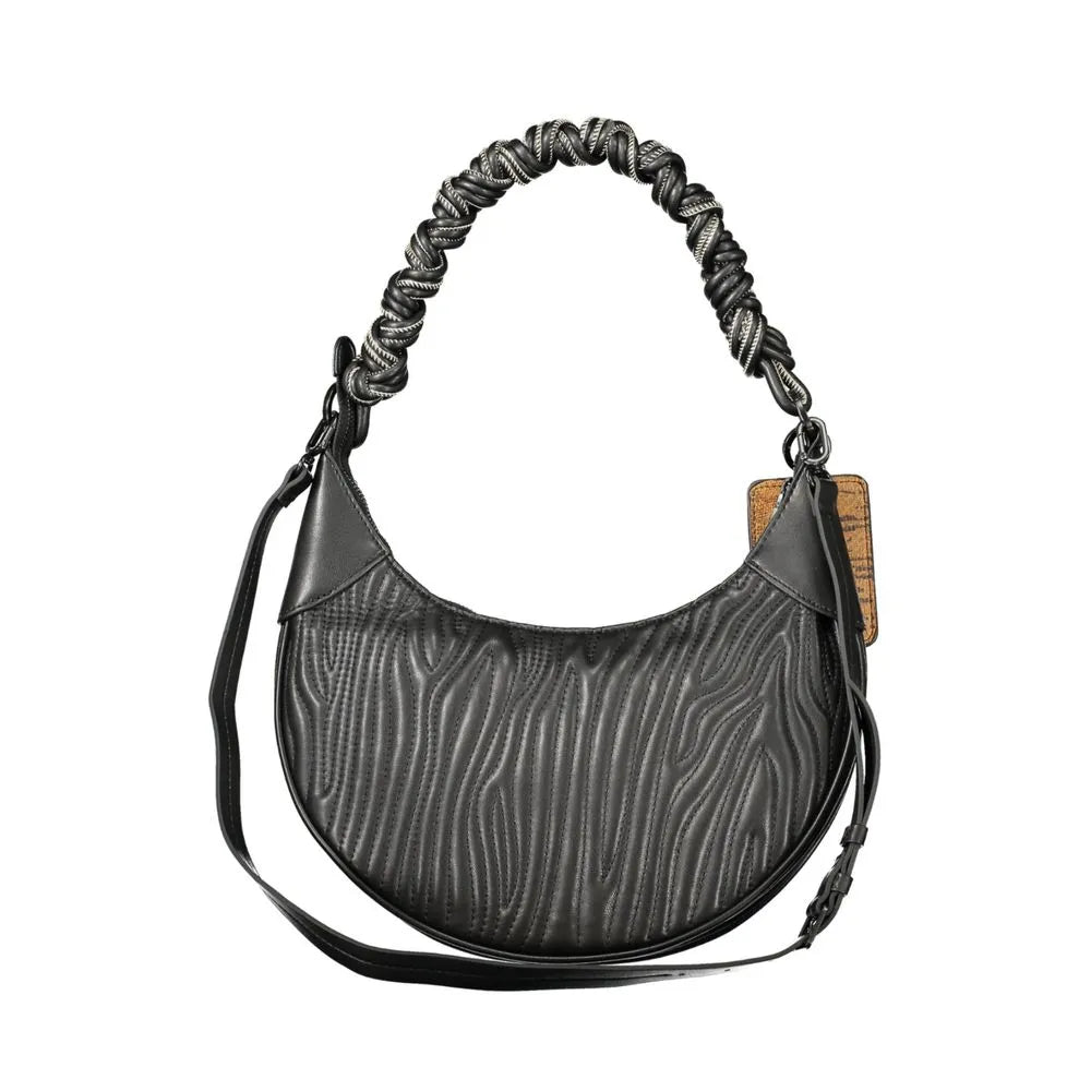 Nero polyurethane woman's bag with wavy embossed texture, braided black & white handle, and adjustable strap.