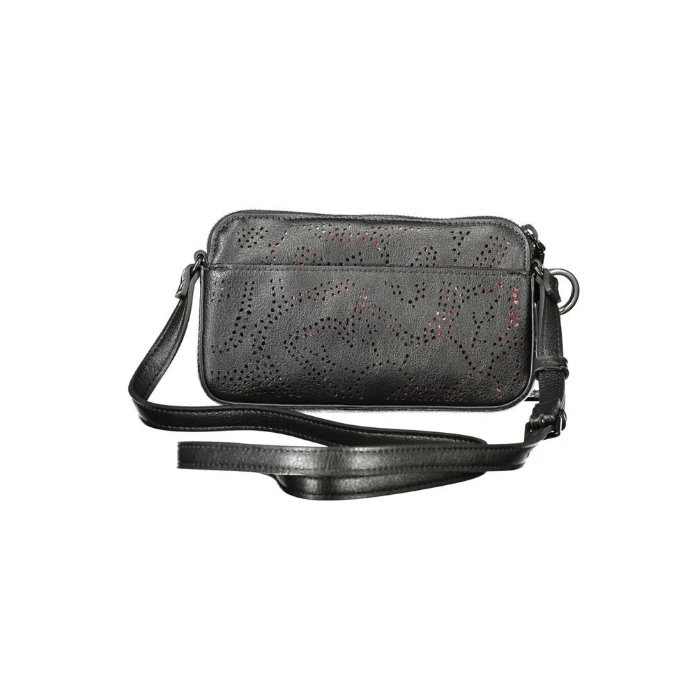Black polyurethane crossbody bag featuring a perforated design revealing a red lining, with an adjustable strap.