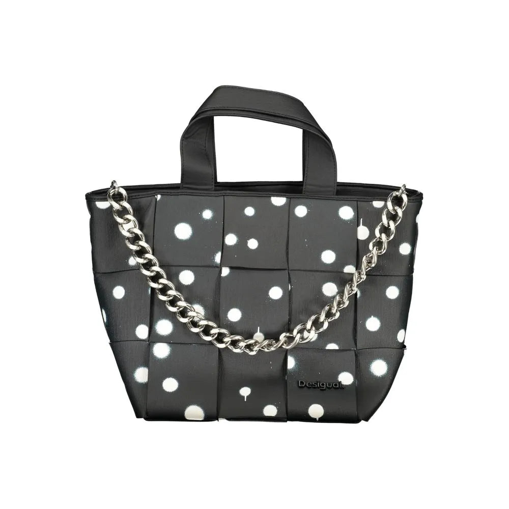 Desigual black woven poliuretano shoulder bag with white polka dots and silver chain detail.