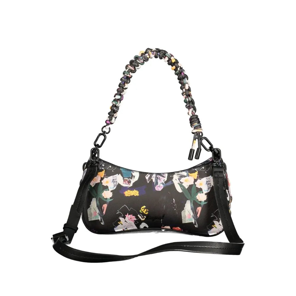 Black poliuretano Desigual women's bag with colorful floral print, braided handle, and adjustable strap.