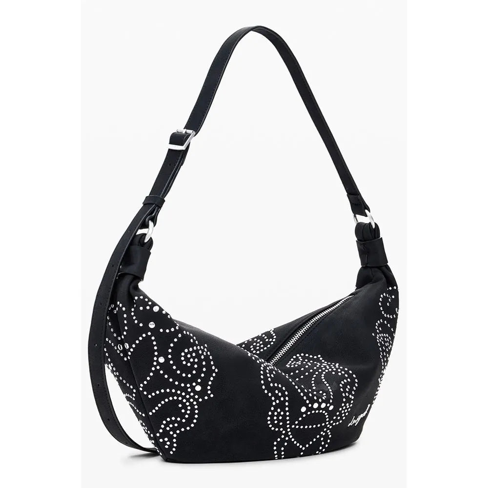 DESIGUAL black polyurethane hobo bag with intricate white stud designs, adjustable strap, and zip.