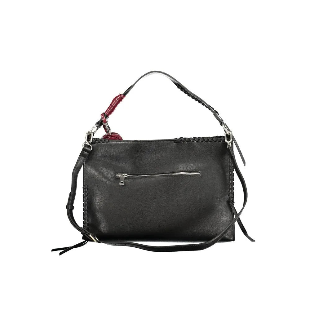 Desigual Nero poliuretano women's handbag with braided trim, external zip pocket, and red handle accent.