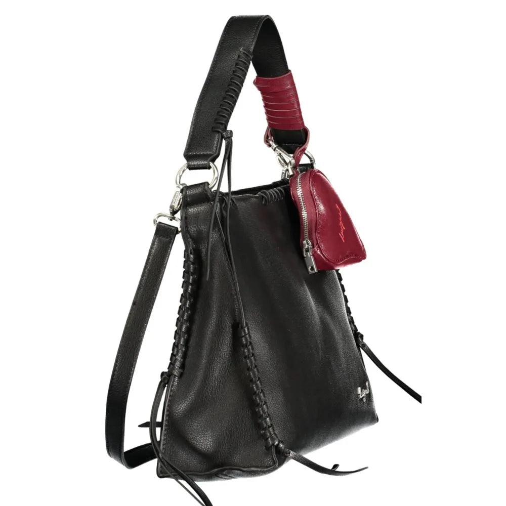 Desigual black poliuretano handbag with braided details, red strap accent, and attached red coin purse.