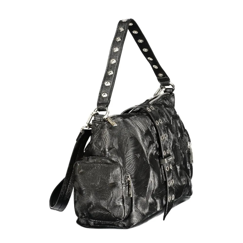 Nero poliuretano women's handbag featuring a textured pattern, studded shoulder strap, side pocket, and silver hardware.