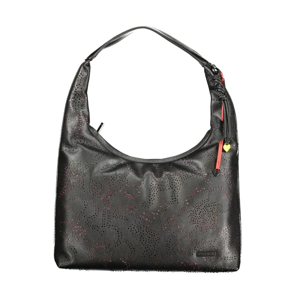 Black Desigual poliuretano shoulder bag featuring a red perforated pattern, single strap, and decorative key ring.