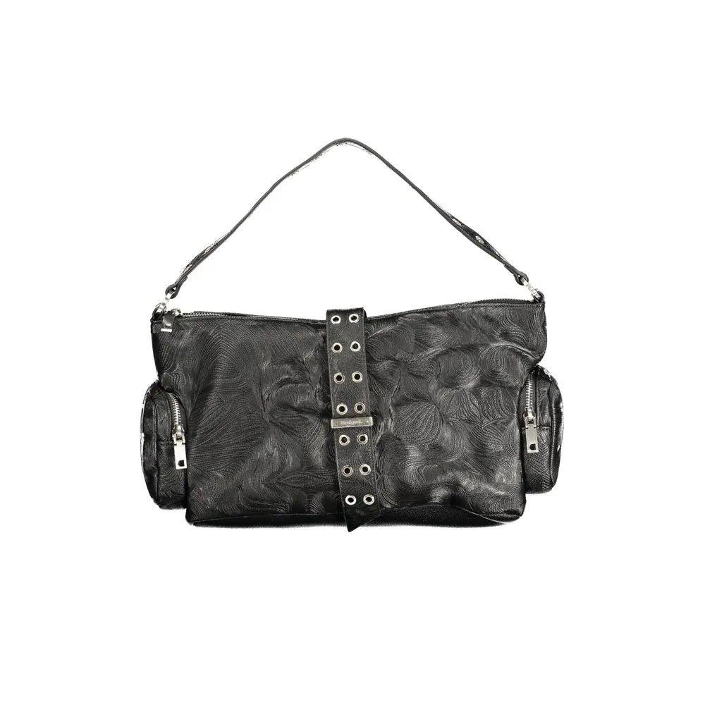 DESIGUAL Nero poliuretano handbag with embossed pattern, prominent eyelet strap, and zippered side pockets.